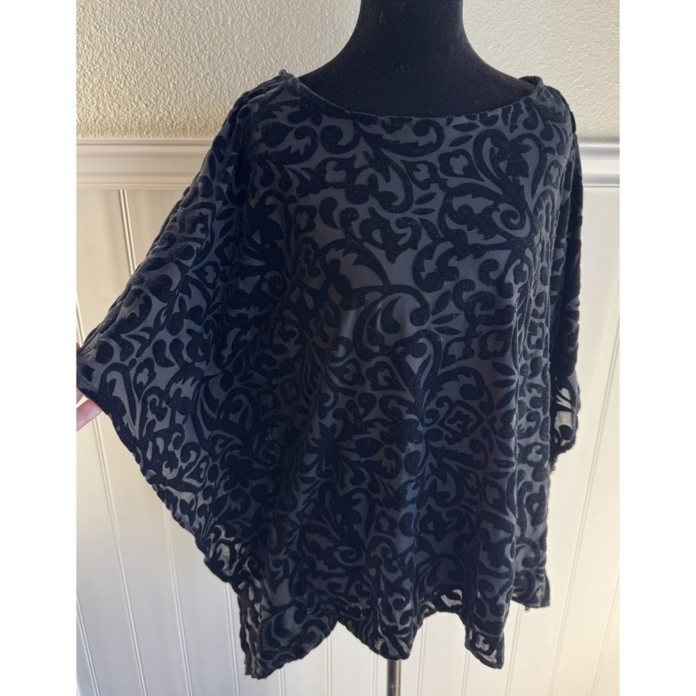 Dana Buchman Black Velvet Burnout  Kimono Blouse Size Large Short Sleeve Sheer